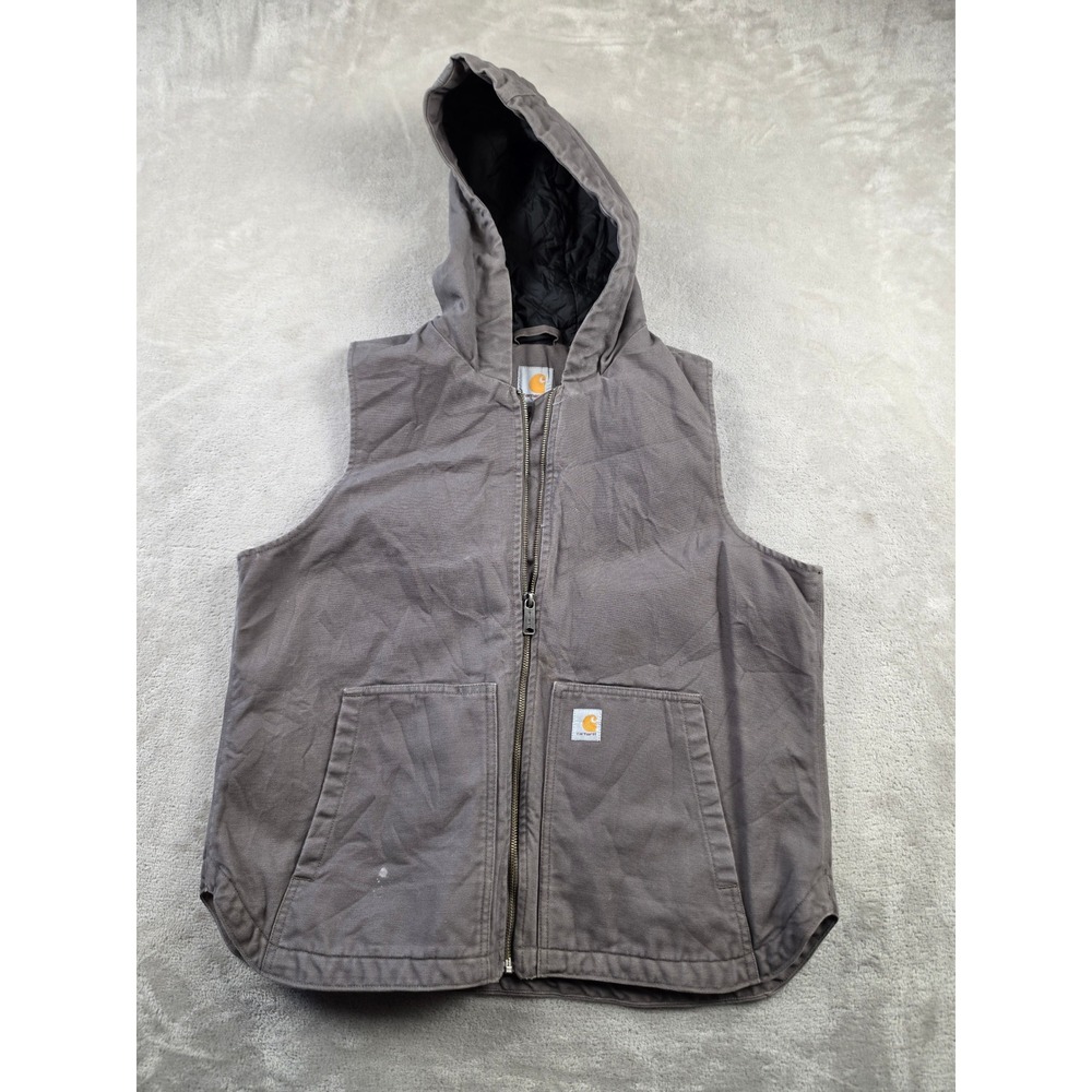 Carhartt Washed Duck Insulated Hooded Vest Womens L Gray Lined Full Zip Workwear